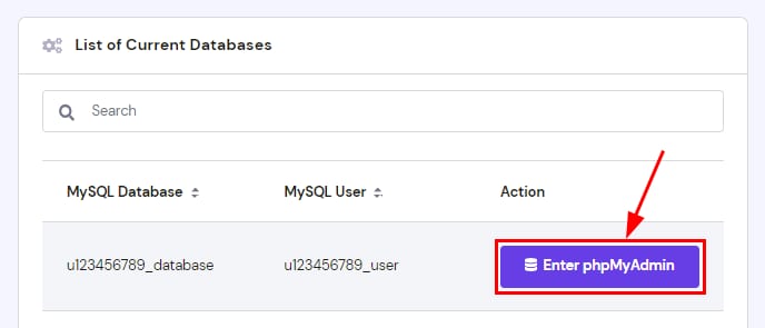Hostinger database list with the Enter phpMyAdmin button highlighted