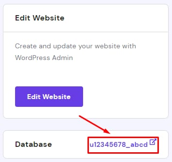 Hostinger hPanel database name link u12345678_abcd highlighted on the Database section