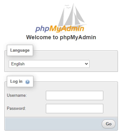 phpMyAdmin login screen with language and username/password fields
