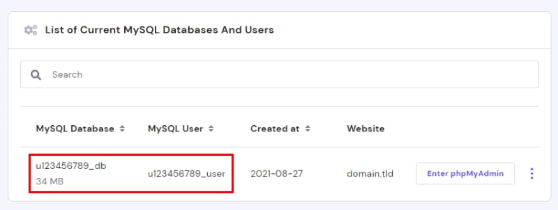 Hostinger MySQL databases list, highlighted database and user details