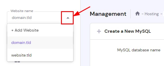 Hostinger panel website selector dropdown arrow highlighted in the MySQL management page