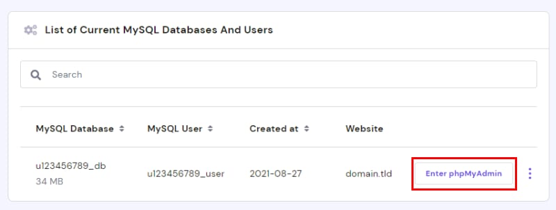 Hostinger MySQL databases list with the Enter phpMyAdmin button highlighted