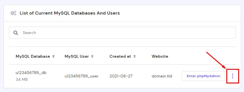 Hostinger MySQL database list with the phpMyAdmin menu button highlighted on the right