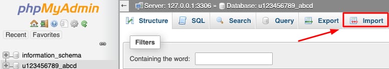 phpMyAdmin toolbar with the Import tab highlighted