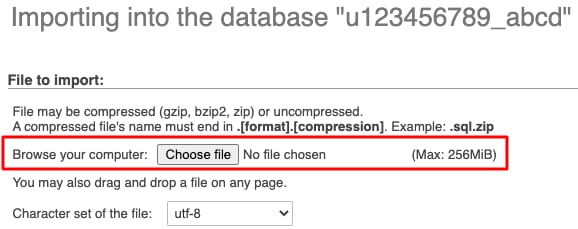 phpMyAdmin import page with highlighted file upload field and Choose file button