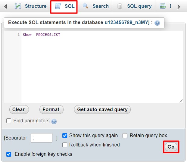 Hostinger phpMyAdmin SQL tab with the Go button highlighted for running a query