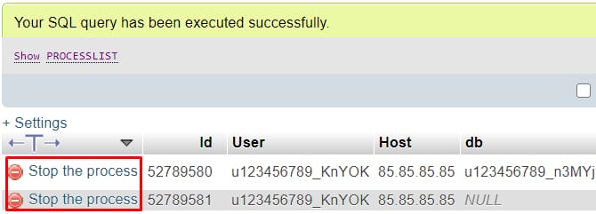 MySQL phpMyAdmin process list with highlighted Stop the process links
