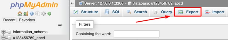 phpMyAdmin database export tab highlighted in the top menu