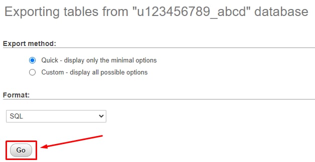 phpMyAdmin export page with the Go button highlighted for exporting a database