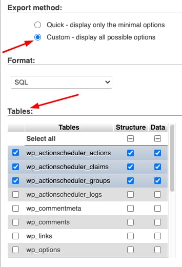 phpMyAdmin export page with Custom export selected and tables section highlighted