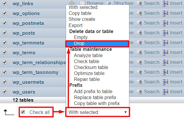 phpMyAdmin bulk actions menu with the Drop option highlighted after Check all tables selected