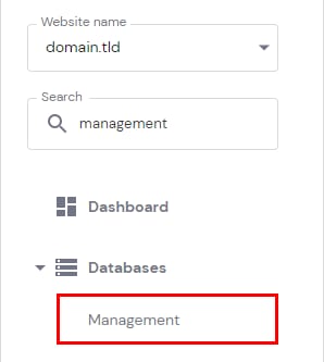 Hostinger sidebar with Management highlighted under Databases