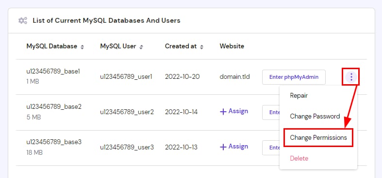 Hostinger MySQL users list with the Change Permissions menu option highlighted