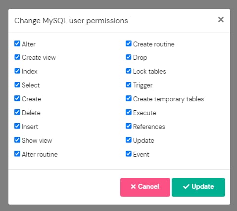 Hostinger dialog to change MySQL user permissions with all privileges checked and Update button