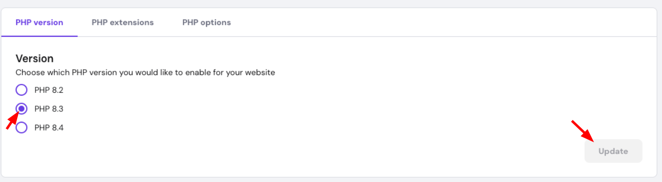 PHP version settings with PHP 8.3 selected and Update button highlighted