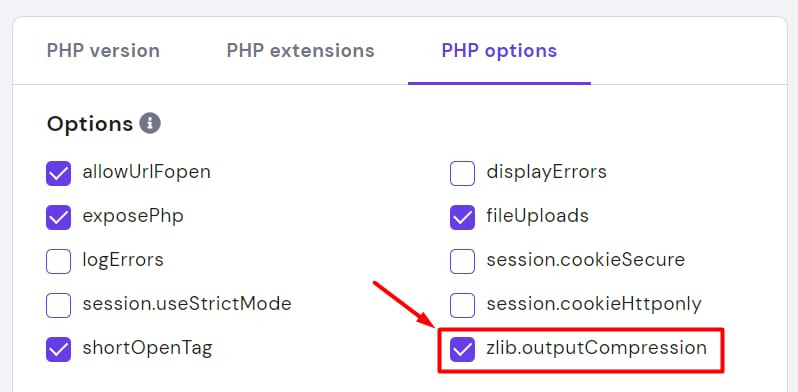Hostinger PHP options with zlib.outputCompression checkbox highlighted and enabled