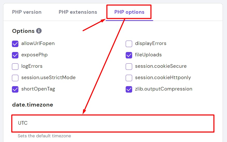 PHP options tab with date.timezone field set to UTC highlighted