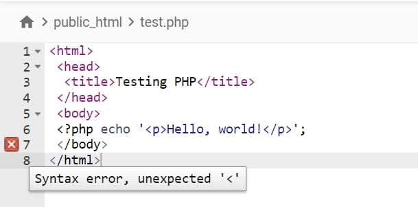 Code editor showing PHP syntax error, unexpected '