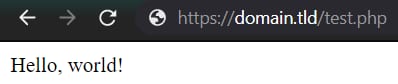 Browser displaying a test.php page with “Hello, world!” text and the address bar visible