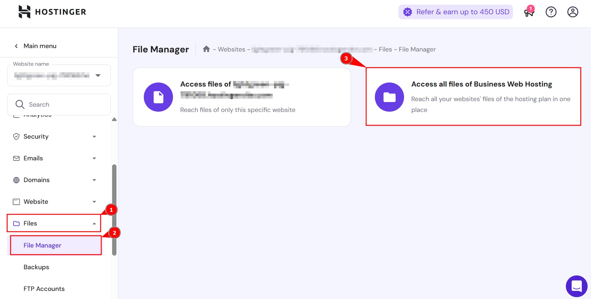 Hostinger File Manager with Files menu and File Manager highlighted, plus hosting plan access card highlighted