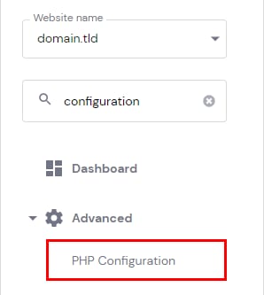 Hostinger hPanel Advanced menu with PHP Configuration highlighted