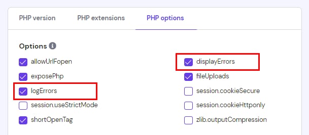 Hostinger hPanel PHP options with displayErrors and logErrors checkboxes highlighted