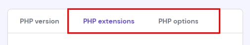 Hostinger hPanel PHP extensions tab next to PHP version and PHP options tabs