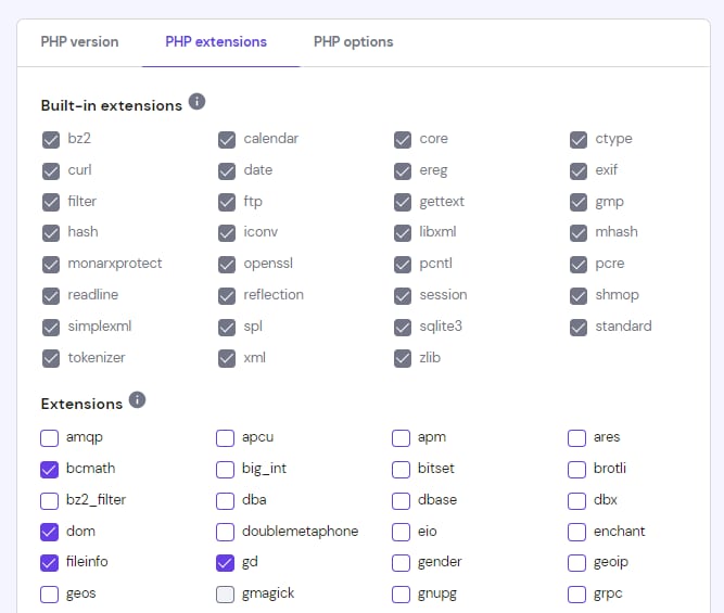 Hostinger PHP extensions tab with bcmath, dom, fileinfo, and gd selected