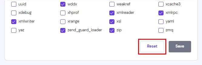 PHP extensions settings with the Reset button highlighted near Save