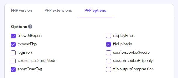 Hostinger PHP options tab showing checkboxes for allowUrlFopen, exposePhp, and shortOpenTag enabled