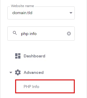 Hostinger hPanel Advanced menu with PHP Info highlighted below the php info search field