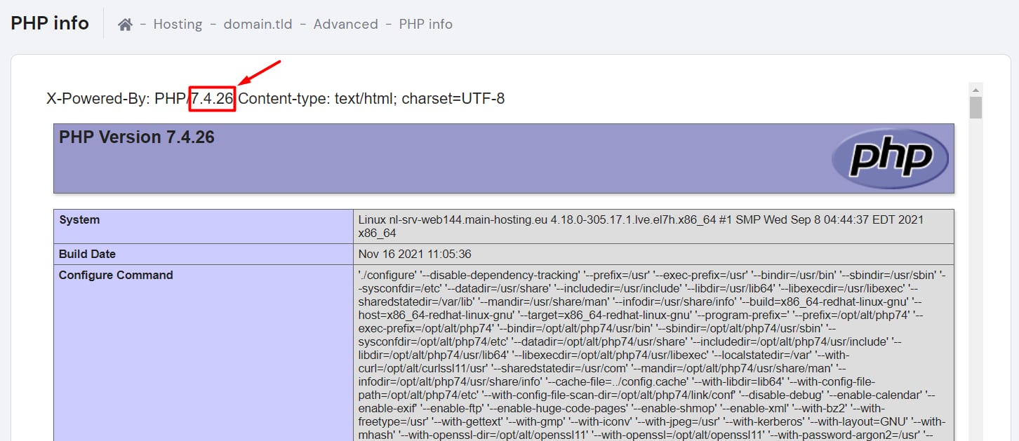Hostinger PHP info page showing highlighted PHP version 7.4.26 code line