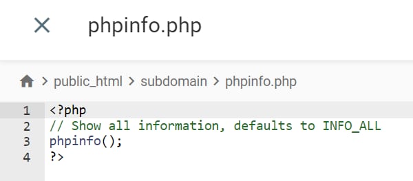 phpinfo.php file open in a code editor with phpinfo() highlighted
