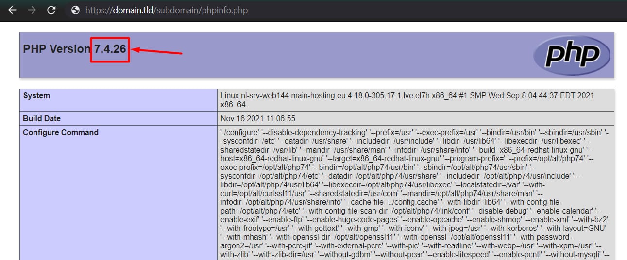 PHP version 7.4.26 highlighted on a phpinfo page