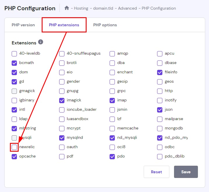 PHP extensions tab with the New Relic checkbox highlighted in Hostinger PHP Configuration