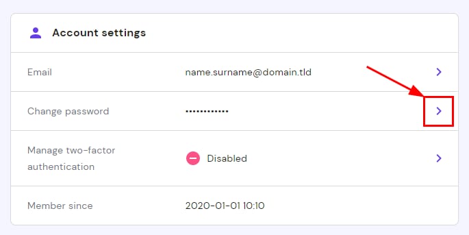 Account settings with the Change password arrow highlighted