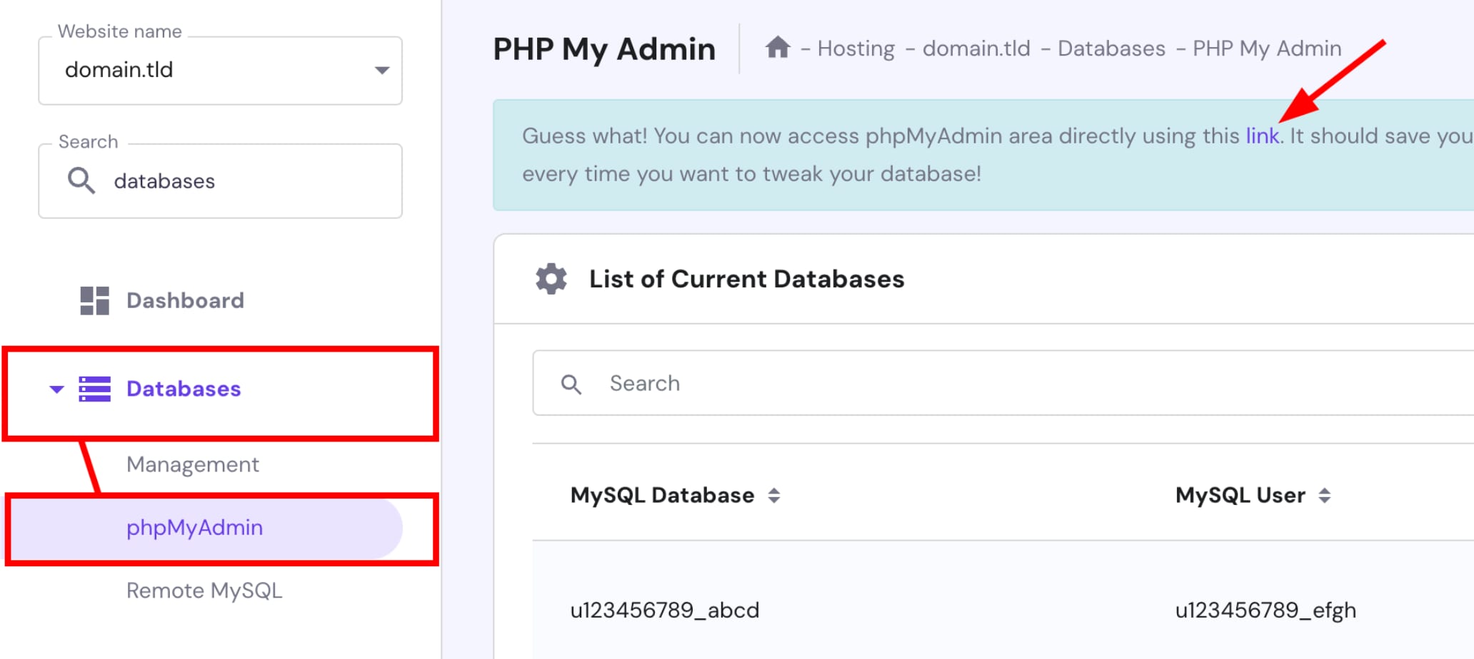 Hostinger hPanel Databases menu with phpMyAdmin selected and access link highlighted
