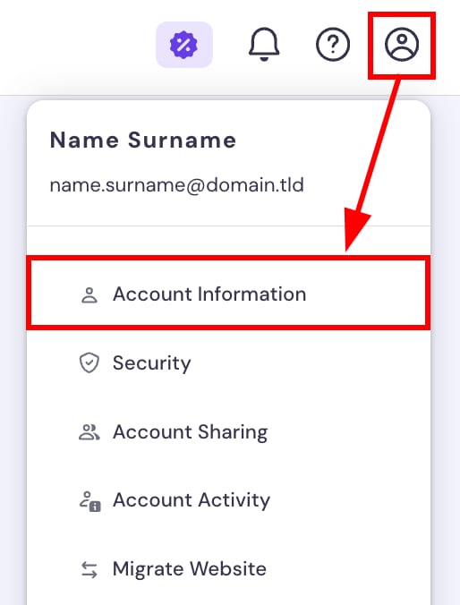 Hostinger account menu with Account Information highlighted for selection