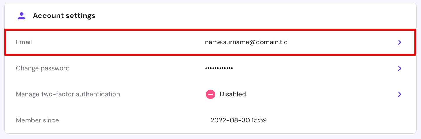 Account settings email field with current email address highlighted