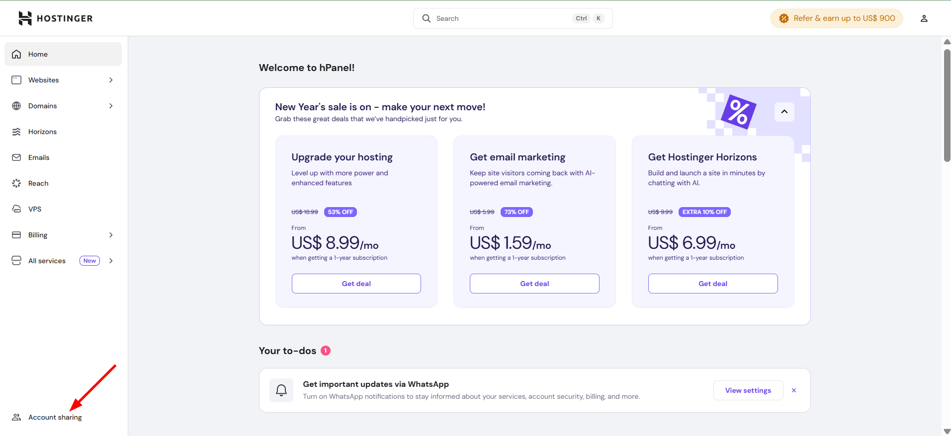 Hostinger hPanel sidebar with Account sharing highlighted at the bottom