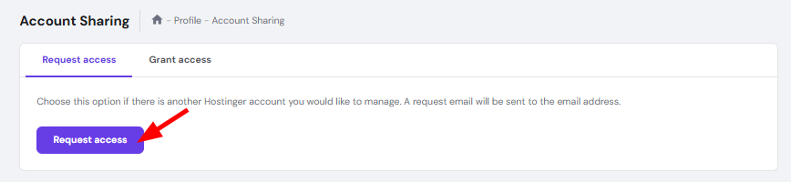 Hostinger account sharing page with Request access button highlighted by a red arrow