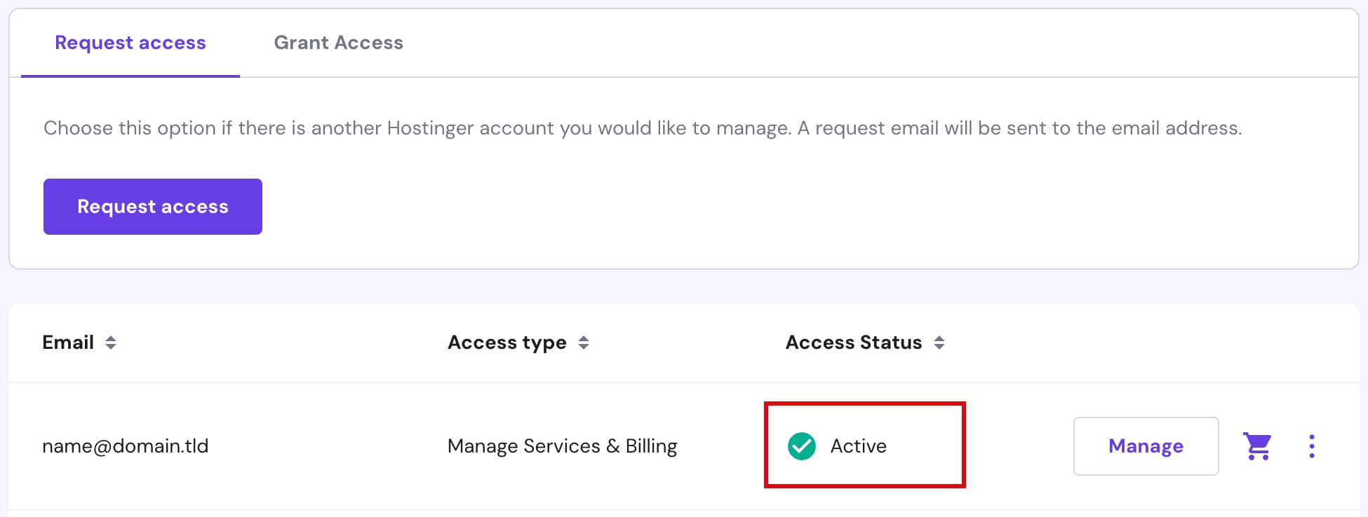Hostinger account access table with Active status highlighted