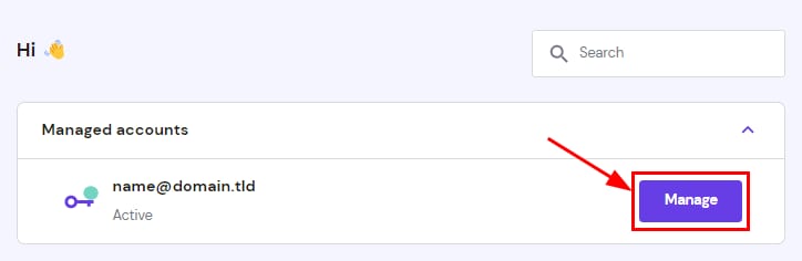 Managed accounts page with a highlighted Manage button for a domain account