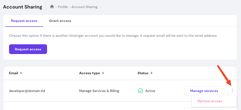 Hostinger Account Sharing page with the three-dot menu highlighted beside an active shared-access entry