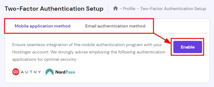 Hostinger 2FA setup page with mobile application method tab and Enable button highlighted