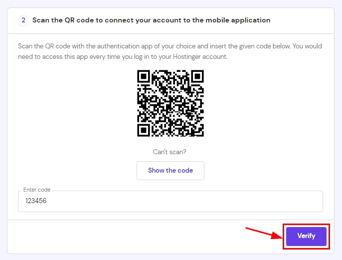 Hostinger 2FA setup screen with QR code, code field, and highlighted Verify button