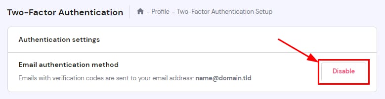 Hostinger two-factor authentication settings with the Disable button highlighted