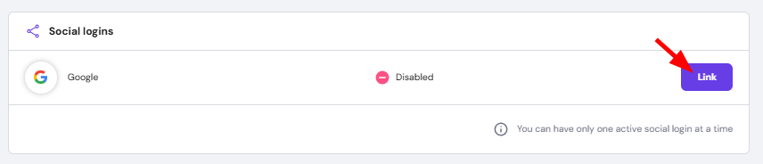 Social logins panel with Google and a Link button highlighted for connecting the account