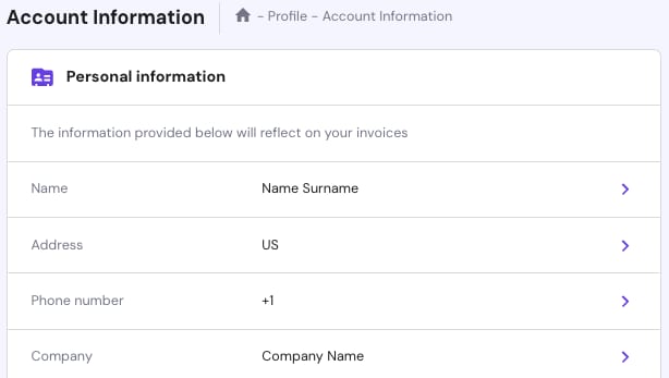 Hostinger account information page showing personal information fields for name, address, phone number, and company