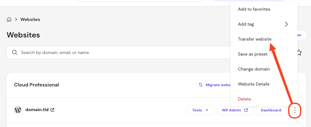 Hostinger Cloud Professional website menu with Transfer website option highlighted